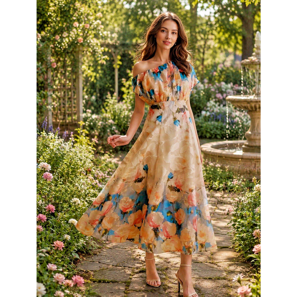 Anewsta Asymmetric Shoulder Romantic Floral Dress. Large